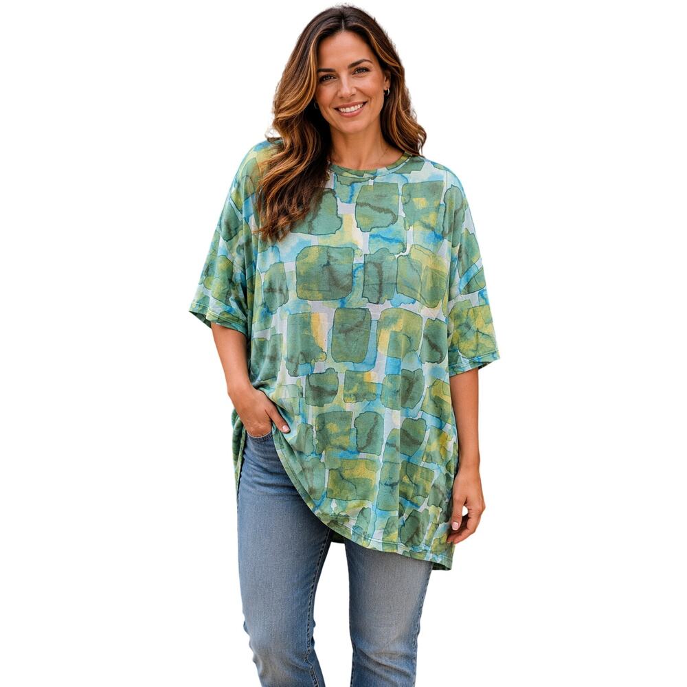 Logo sz XL green blue geometric short sleeve super stretch relaxed tunic career